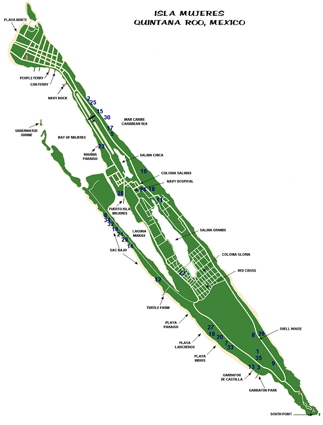 Map of Isla Mujeres with accommodations